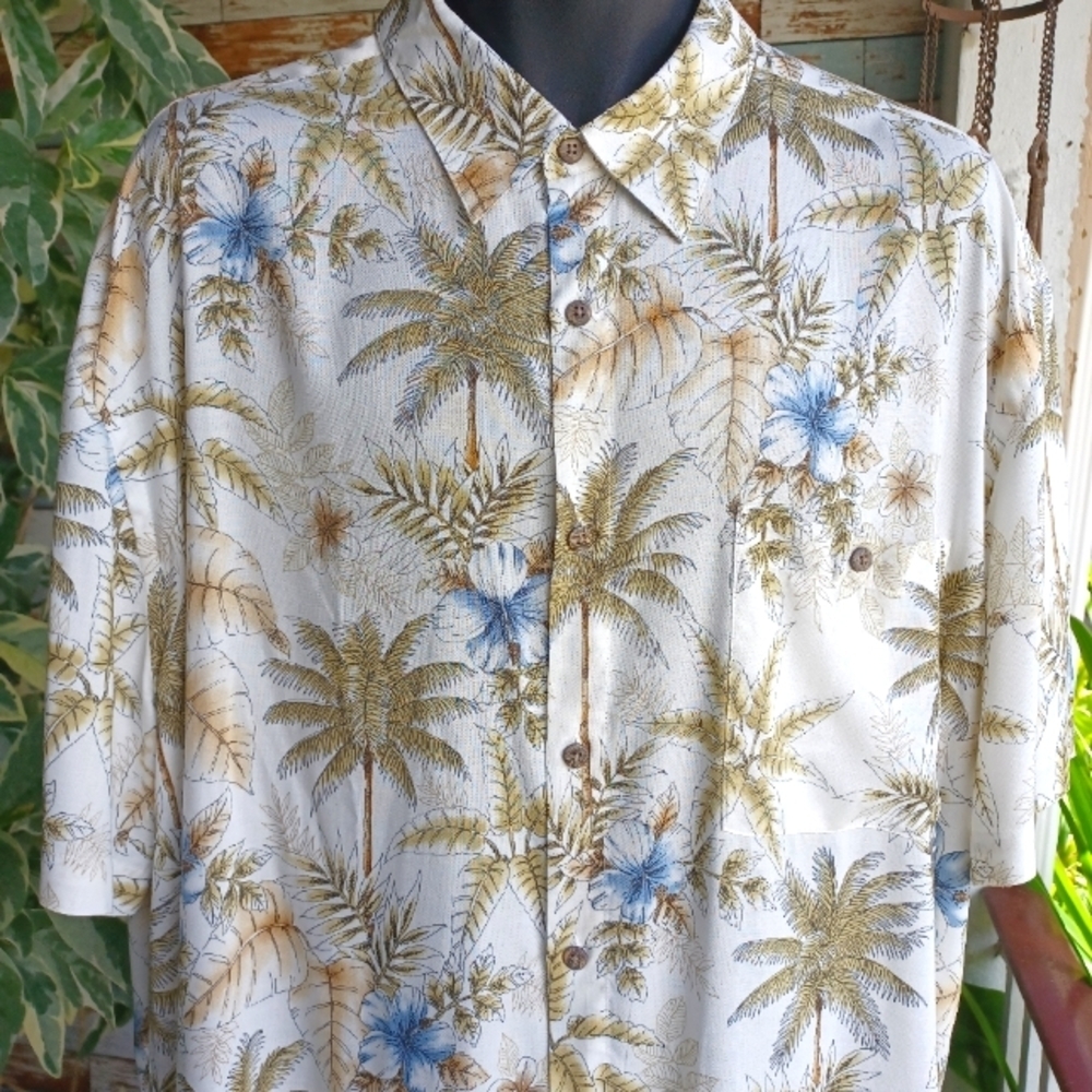 🔥Island Shores Hawaiian Style Beige Casual Shirt Sz XL